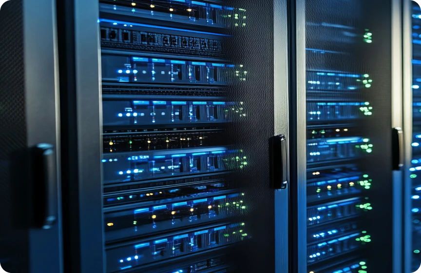 Racks de servidores em um data center, com luzes azuis e verdes indicando equipamentos de tecnologia em funcionamento.