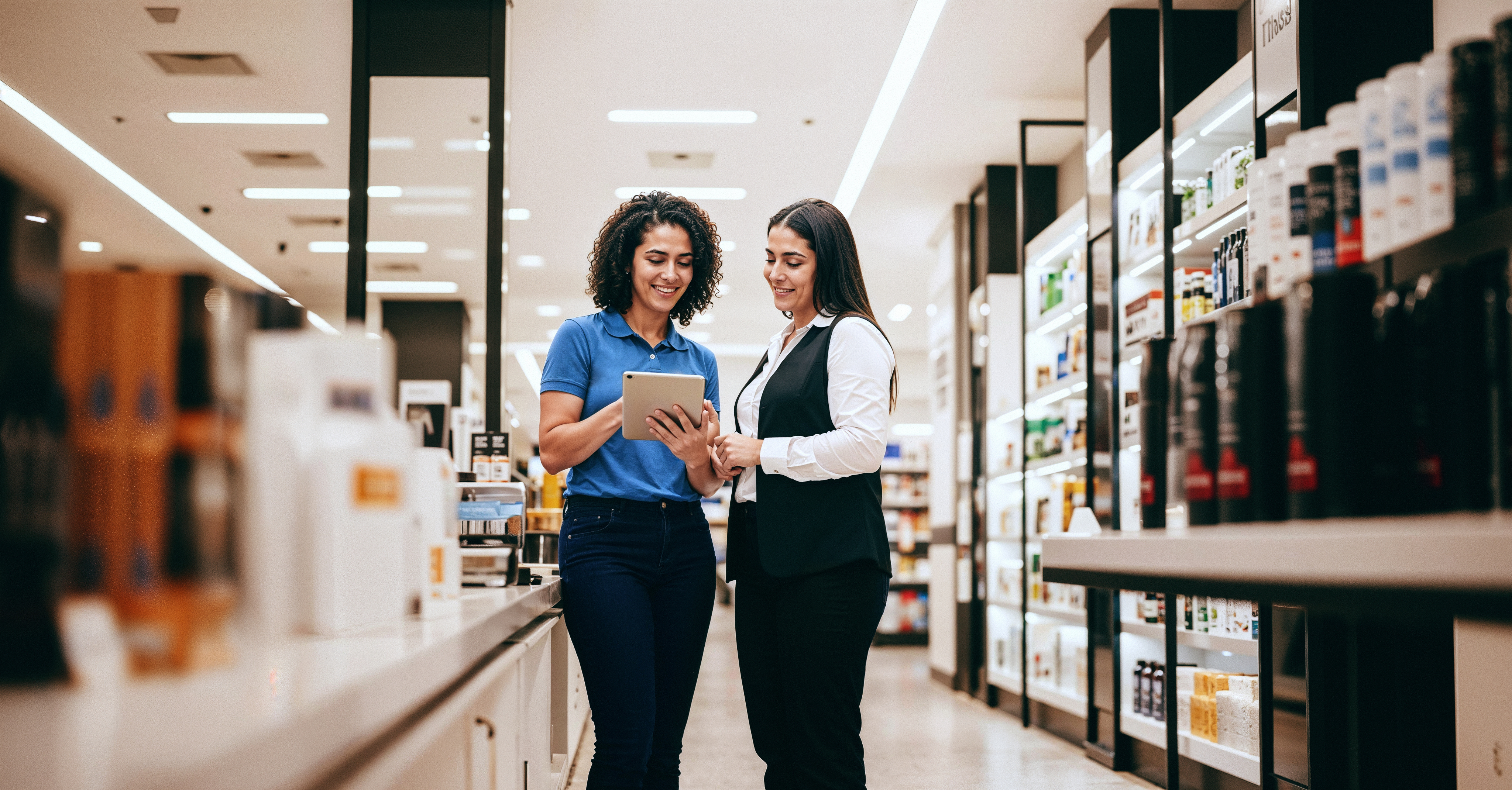 Two women in a pharmacy or cosmetics store smiling while looking together at a tablet.