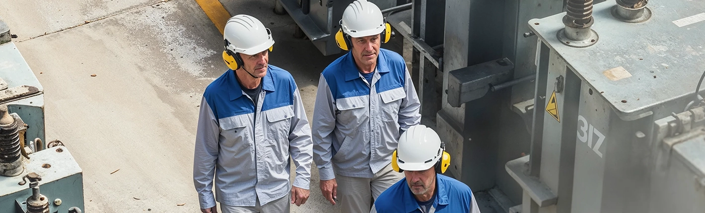 Tecnicos caminhando dentro de uma usina