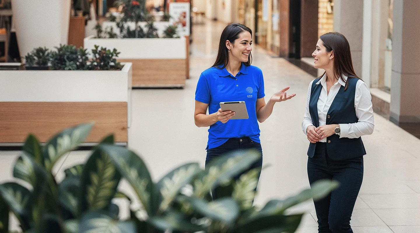 Representante comercial da AXIA conversando com cliente