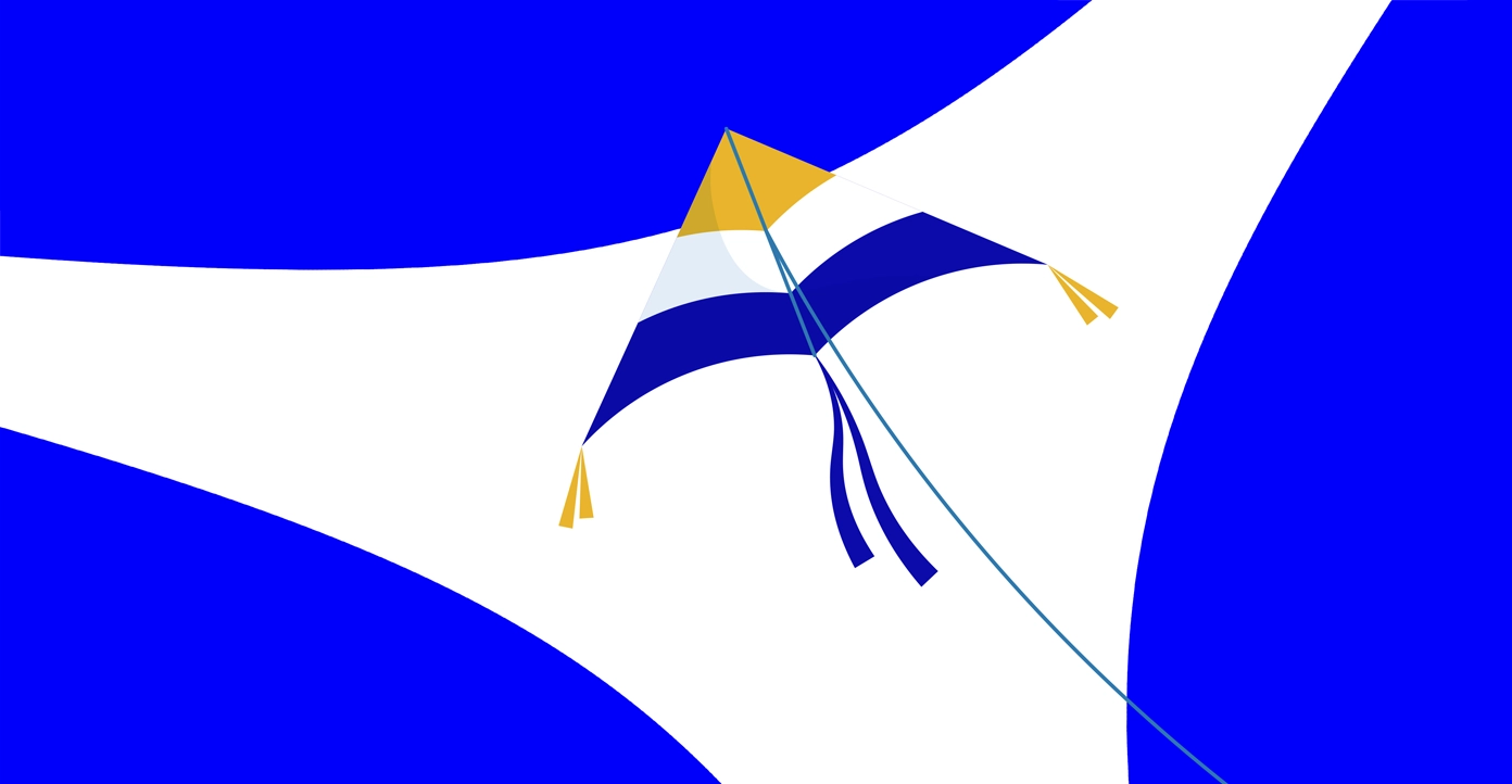 Pipa azul amarela e branca em um fundo da axia em branco e azul