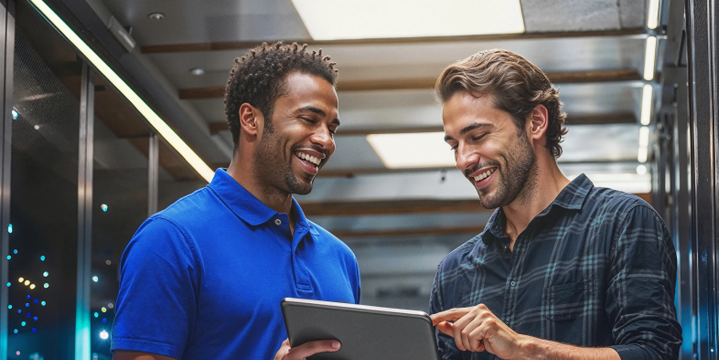 Dois homens sorridentes olhando para um tablet juntos, em um ambiente interno com iluminação moderna, aparentando colaboração.