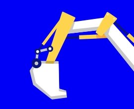 Ilustração do braço mecânico de uma escavadeira, mostrado parcialmente, com peças em branco, amarelo e detalhes em azul, sobre um fundo azul sólido.