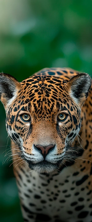 Close de uma onça-pintada em ambiente natural, com pelagem amarelada e manchas pretas, olhando diretamente para a câmera, com vegetação desfocada ao fundo.